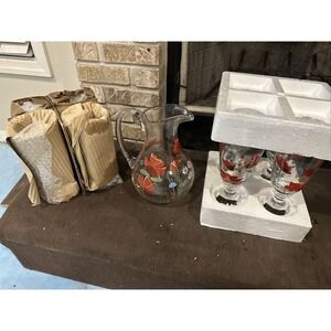 Hand-Painted Noble Excellence Crimson Bloom Pitcher 8‎ Glasses And Pitcher Set